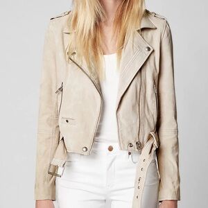 Blank NYC leather suede Moto jacket white sand